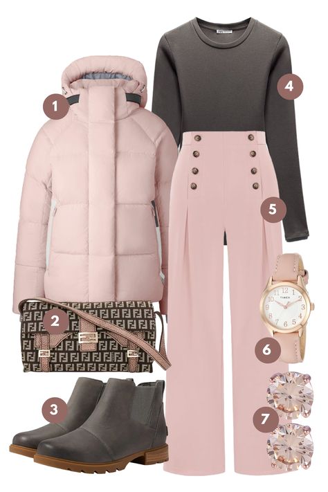 Wrap yourself in the soft embrace of pastel pink and charcoal grey with this chic winter moodboard. The ensemble starts with a gentle blush puffer jacket, bringing warmth and a pop of color to chilly days. Underneath, the charcoal grey sweater offers a sleek contrast, its snug fit perfect for layering. The high-waisted trousers in matching pastel are a stylish nod to vintage flair, with button details that add charm and sophistication. Winter Pastel Outfit, Outfit Inspo Pastel, Winter Moodboard, Winter Pastels, Grey Ankle Boots, Pastel Outfit, Winter Chic, Mood Board Fashion, Sporty Chic