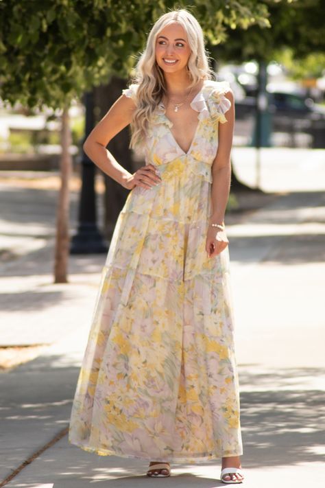 Pastel Yellow Floral Open Back Maxi Dress - Lime Lush Boutique Yellow Layered Dress, Pale Yellow Dress Formal, Spring 2023 Dresses, Pastel Yellow Dress Formal, Bridesmate Dresses, Yellow Floral Bridesmaid Dresses, Sunset Bridesmaids, Pastel Forest Green, Pastel Yellow Bridesmaid Dresses