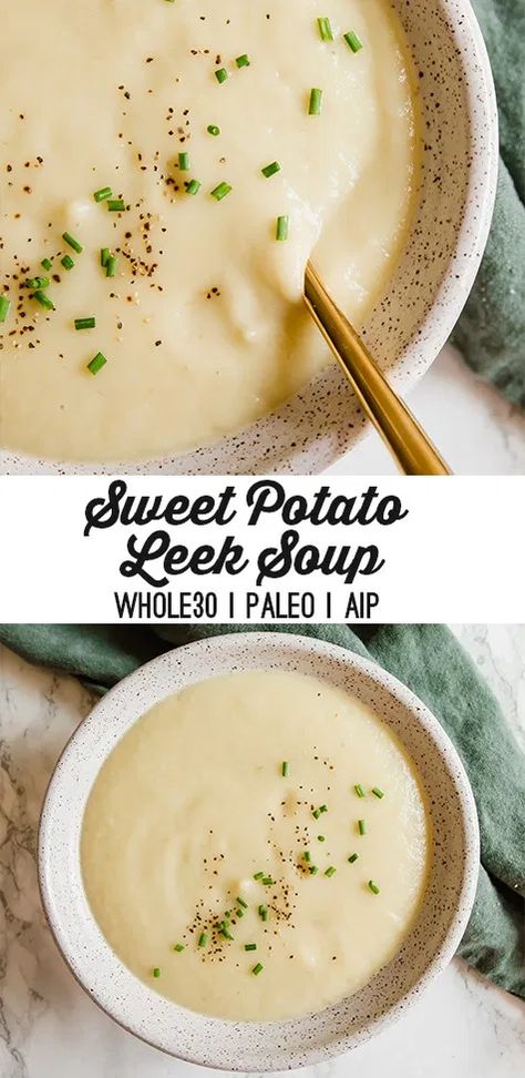 Sweet Potato Leek Soup, Vegan Bechamel, Aip Diet Recipes, Unbound Wellness, Recipes Potato, Orange Sweet Potatoes, Autoimmune Paleo Recipes, Homemade Bone Broth, Aip Paleo Recipes