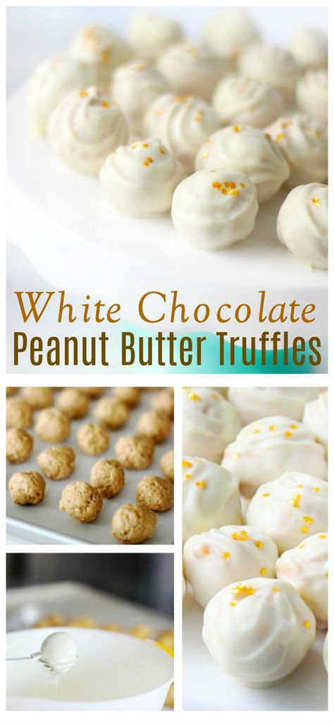 These white chocolate peanut butter truffles look (and taste) like they would be complicated to make, but they come together in minutes! Filled with a delicious peanut butter filling, they are perfect for any occasion. White Chocolate Peanut Butter Cups, White Chocolate Melts Recipes, What To Make With White Chocolate, White Melting Chocolate Recipes, Peanut Butter Dipped Oreos, White Chocolate Bonbons, Truffle Filling Recipes, White Chocolate Candy Recipes, White Chocolate Reeses