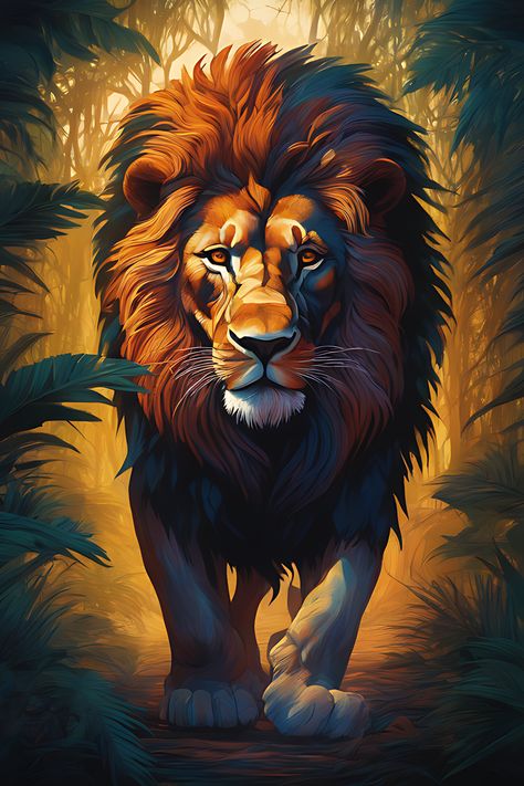 Lion walking out of darkness and mashy jungle dark scenery african art style Painting Rack, Dark Scenery, African Jungle Animals, Lion Walking, 3d Wallpaper For Mobile, Jungle Painting, Jungle Lion, 3d Wall Painting, Lion Tattoo Design