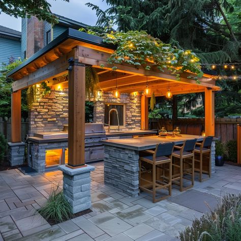 outdoor entertaining space with a wood pergola and outdoor kitchen with a bbq and stone and concrete island Pergola And Outdoor Kitchen, Concrete Island, Bbq Shed, Outdoor Grill Station, Beautiful Outdoor Living Spaces, Walkway Design, Building A Pergola, Build Outdoor Kitchen, Outdoor Kitchen Plans