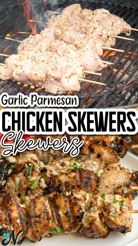 Juicy and flavorful Garlic Parmesan Chicken Skewers are perfect for grilling season! Easy to make and packed with delicious garlic and Parmesan cheese, these skewers are a must-try for any occasion. Serve them as an appetizer, main course, or add them to your favorite salad. Grilled Garlic Parmesan Chicken Skewers, Garlic Parm Skewers, Chicken Parmesan Skewers, Garlic Parm Chicken Skewers, Garlic Parmesan Chicken Skewers, Parmesan Chicken Skewers, Garlic Rosemary Chicken, Chicken Main Course, Grilled Chicken Kabobs