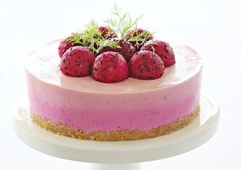 Learn more about Red Dragon Fruit Cheesecake from SideChef! Dragon Fruit Cheesecake Recipes, Dragon Fruit Cake, Dragon Fruit Cheesecake, Rice Noodles Recipe, Mei Fun, Red Dragon Fruit, Fruit Cheesecake, Buah Naga, Chocolate Yogurt