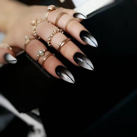 Different Shades Of Black Nails, Gothic Nail Designs Ideas, Gothic Style Nails, Black Nails Ideas Stiletto, Wicca Nails Designs, Black To White Ombre Nails, Witchy Black Nails, White Gothic Nails, Black Ombre Nails Coffin