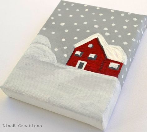 Diy Easy Paintings, Diy Easy Paintings On Canvas, Easy Paintings On Canvas, Red Cabin, Mini Toile, Christmas Canvas Art, Christmas Paintings On Canvas, Small Canvas Paintings, Paint Nite