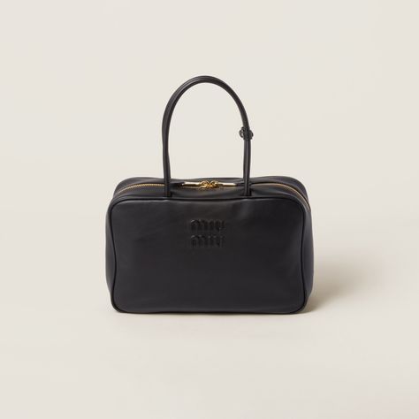 Miu Miu Handbags, Embossed Bag, Black Leather Top, Miu Miu Bag, Leather Saddle Bags, Lettering Logo, Orange Bag, Leather Hobo Bag, Leather Handles