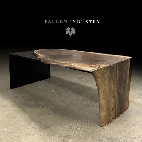 The Overflow Desk. Shown with a live edge walnut wood slab on black steel with a wooden waterfall leg. #liveedge #moderndesign #design #furniture #interiordesign #furnituredesign #liveedgeslab #reclaimedwood #interiordesigner #homedesign #homedecor #brooklyn #highendfurniture #interiors #homedecor #interiordecorator #woodslab #liveedgetable #interiordecorating #modernfurniture #architecture Wooden Waterfall, Live Edge Conference Table, Wood Slab Dining Table, Live Edge Tables, Live Edge Furniture, Reception Desks, Conference Tables, Live Edge Dining Table, Contemporary Furniture Design