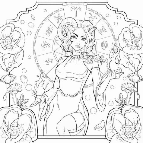 Zodiac Coloring Pages For Adults, Witch Colouring Pages, Aries Coloring Pages, Witchy Coloring Pages For Adults, Astrology Coloring Pages, Zodiac Coloring Pages, Astrology Pattern, Sunflower Coloring Pages, Fashion Coloring Book