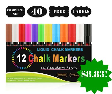 Amazon: Blusmart 12 Pack Chalk Markers with 40 Chalkboard Labels Only $8.83 - http://www.couponsforyourfamily.com/amazon-blusmart-12-pack-chalk-markers-with-40-chalkboard-labels-only-8-83/ Chalkboard Mirror, Chalk Marker, Liquid Chalk Markers, Chalkboard Labels, Chalk Pens, Liquid Chalk, Fluorescent Colors, Chalk Markers, Ink Toner