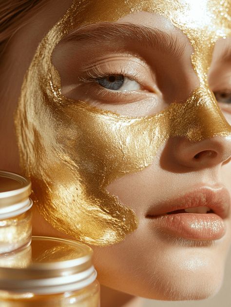 Glistening gold mask envelops a serene face, exuding luxury and radiance, complemented by shimmering jars that promise glowing skin. ✨ Gold Face Mask Aesthetic, Gold Skincare Aesthetic, Beauty Ecommerce, Gold Skincare, Gold Face Mask, Face Mask Aesthetic, Mask Aesthetic, Lux Life, Gold Mask