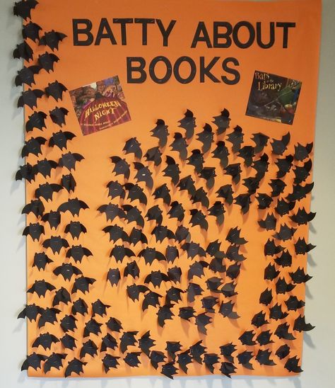 Halloween Bulletin Boards Library, Halloween Bulletin Boards For Library, Library Board Ideas, Fall Into A Good Book Bulletin Board, October Library Bulletin Boards, Library Decorations School, Halloween Library Bulletin Boards, Bat Bulletin Board, Halloween Bulletin Boards For Elementary