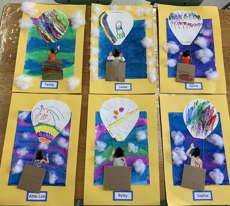 Prek Hot Air Balloon Craft, Air Projects For Preschool, Hot Air Balloon Project Preschool, Hot Air Balloon Craft Preschool Art Projects, In My Imagination Preschool Art, Hot Air Balloon Art Preschool, Art Show For Preschool, Hot Air Balloon Preschool Activities, Prek Art Show Ideas