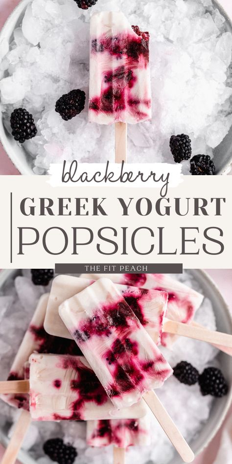 Purple blackberry popsicles laying on a plate with ice. Blackberry Popsicles, Greek Yogurt Popsicles, Blackberry Yogurt, Protein Popsicles, Yogurt Popsicle Recipes, Healthy Popsicle Recipes, Ice Pop Recipes, Fruity Recipes, Healthy Popsicles