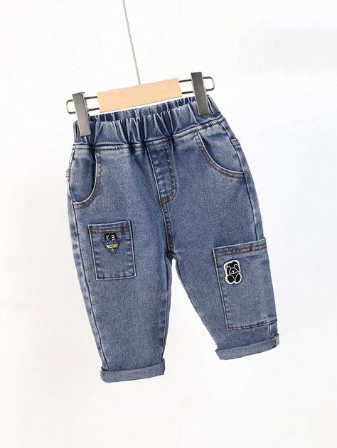 Baby Boy Sandblasting Car Logo Decor Jeans Medium Wash    Denim Plain Bottoms Medium Stretch  Baby Boys Clothing, size features are:Bust: ,Length: ,Sleeve Length: Kids Jeans Boys, Kids Wear Boys, Baby Boy Jeans, Boy Jeans, Boys Denim, Car Logo, Boys Graphic Tee, Boys Wear, Jeans Kids