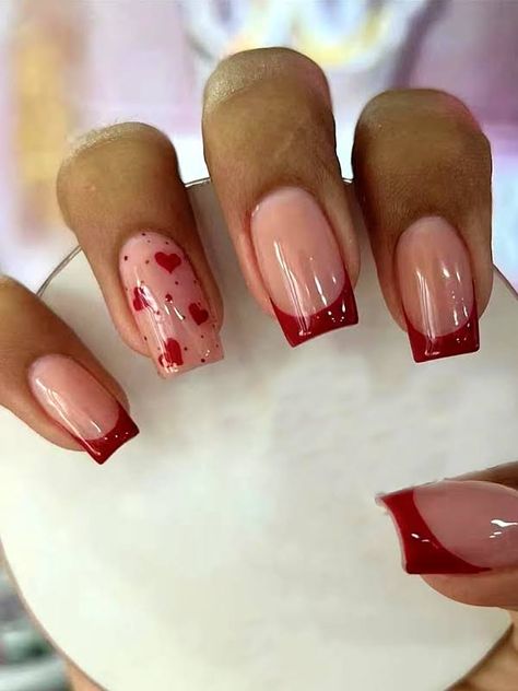 Pink And Red Valentine Nails Acrylic, Biab Designs, Valentines Nails Square, Valentines Day Nails Square, Valentines Nail Set, Simple Gel Nail Designs, Red Valentines Day Nails, Valentine Nails Pink, Bday Nails