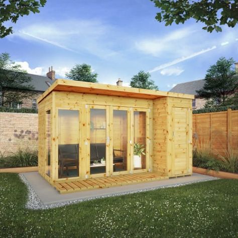 Mercia Large Garden Room including Side Shed & Bi-Fold Doors - 12 x 8ft | Wickes.co.uk Garden Salon, Shed Room, Slanted Roof, Building Design Ideas, Tongue And Groove Cladding, Garden Room Ideas, Garden Shed Ideas, Hot Tub Backyard, Comfy Seating