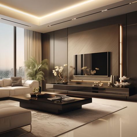 The TV sits above a low-profile console, tying together the living room’s interior design. Rooms Interior, Modern Apartment Living Room, Furnitur Ruang Keluarga, Apartment Living Room Design, تصميم للمنزل العصري, Design Room, Inspire Me Home Decor, Stylish Living Room, Design Living Room