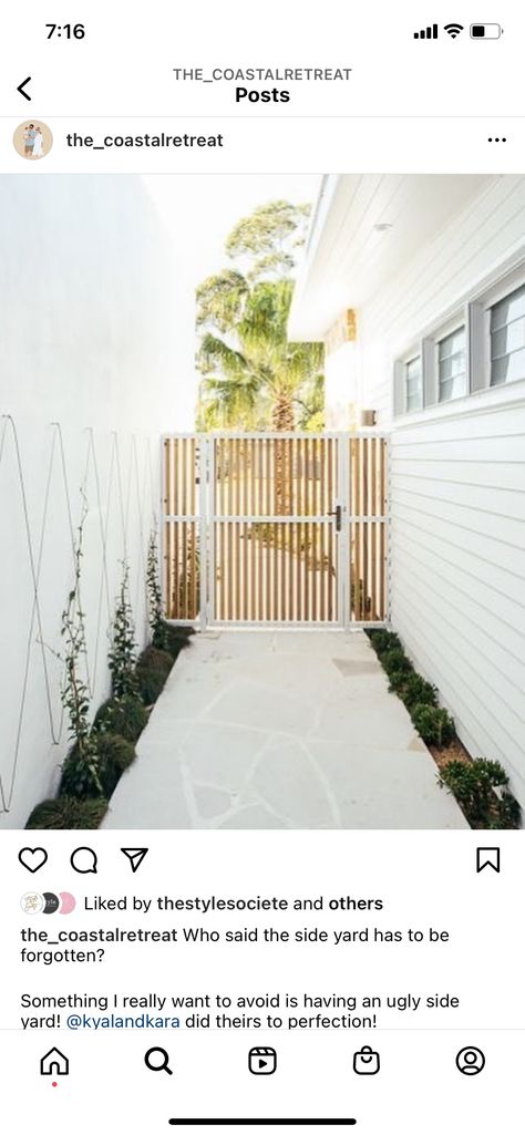 Decking Side Of House, Crazy Paving Around Pool, Backyard White Fence, White Crazy Paving, White Backyard Fence, White Pavers Backyard, White Painted Fence, Front Yard Gates And Fences, Side Garden Landscaping