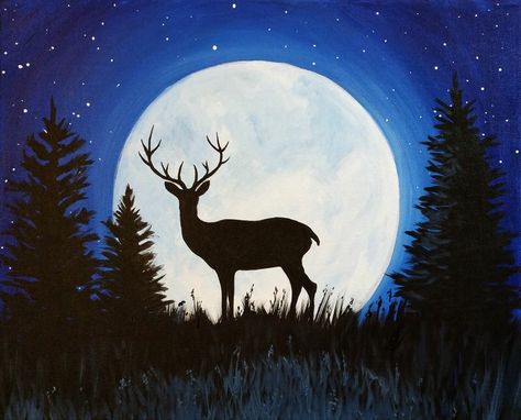 Deer Deer Silhouette Painting, Deer Painting, Paint Nite, Silhouette Painting, Easy Canvas Painting, Winter Painting, Simple Acrylic Paintings, Pink Moon, Painting Gallery