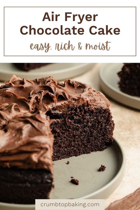 Side view of a sliced chocolate cake on a beige plate. Air Fryer Chocolate Cake, Cake Air Fryer, Air Fryer Cake, Air Fryer Cake Recipes, Recipe Air Fryer, Air Fryer Recipes Dessert, Homemade Chocolate Cake, Boxed Cake, Airfryer Recipes