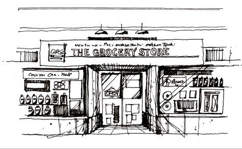 Grocery Store Sketch, Store Drawing, Shop Sketch, Stationary Shop, Vintage Store, Pencil Sketch, Grocery Store, Drawing Sketches, Universe