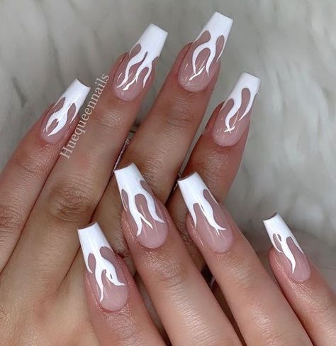 French Tip Nails With Flames, Flame French Nails, White Flames Nails, Flame French Tip Nails, White Flame Nails, White Flames, Short Square Nails, Really Cute Nails, White Tip