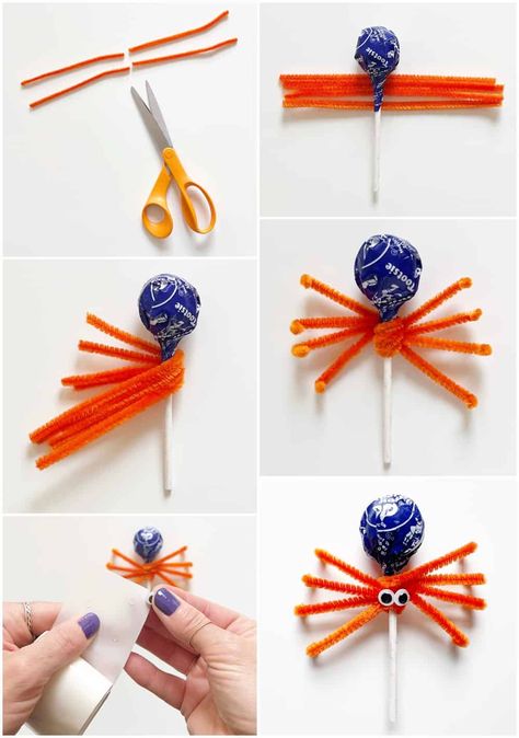 Sucker Halloween Treats, Halloween Spider Treats, Spider Party, Halloween Eats, Spider Halloween Snacks, Tootsie Roll Pop Spiders, Sucker Spiders, Spider Suckers, Halloween Lollipops