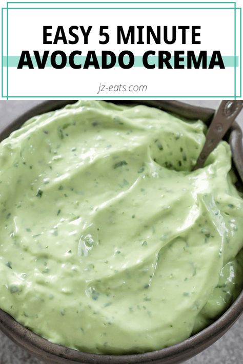 avocado crema in a bowl with a spoon Avocado Lime Crema, Balsamic Dressing Recipe, Honey Balsamic Dressing, Easy Sauce Recipe, Fish Dinners, Crema Recipe, Fish Taco Sauce, Lime Crema, Creamy Avocado Sauce