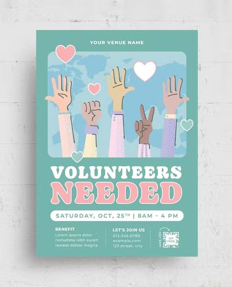 Volunteer Flyer Template AI, PSD School Club Flyer Design, Volunteer Poster Design Ideas, Volunteers Needed Flyer, Volunteer Graphic Design, Volunteer Flyer Design, Graphic Design Event Poster, Donation Poster Charity, Volunteer Poster Design, Volunteer Graphic