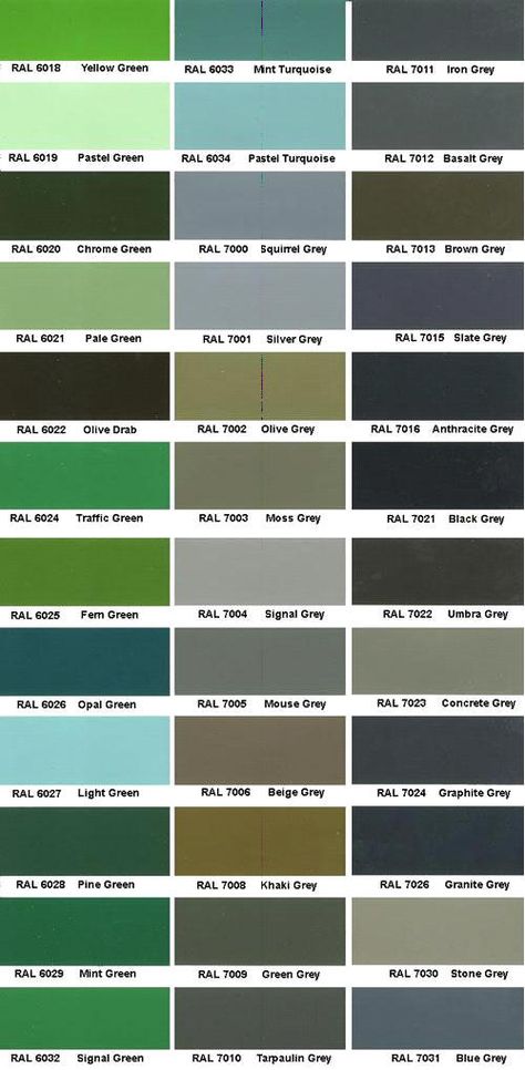 RAL Color Chart / RAL Colour Chart Colour Chart Paint, Green Color Chart, Window Frame Colours, Ral Colours Grey, Ral Colour Chart, Gray Things, Paint Color Guide, Ral Code, Room Color Combination