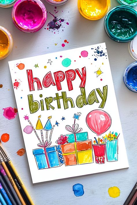 A watercolor drawing of happy birthday text with colorful gifts, balloons, and decorations, perfect for a festive birthday card. Aesthetic Happy Birthday, Happy Birthday Drawing, 24 Aesthetic, Fun Happy Birthday, 25 Aesthetic, Happy Birthday Drawings, Birthday Drawing, Aesthetic Happy, Gifts Drawing