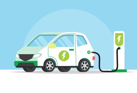 Electric car charging its battery, concept illustration for green environment, ecology, sustainability, clean air, future. Vector illustration in flat style. Electric Car Charging, Ev Charging Stations, Tata Motors, Green Environment, 4 Wheeler, Car Graphics, Car Illustration, Car Images, Electric Car