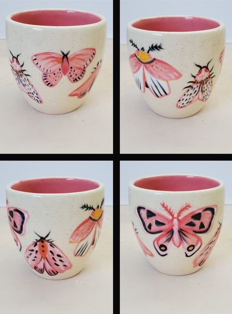 Butterfly Ceramic Painting, Butterfly Pottery Painting, Underglaze Painting On Pottery, Underglaze Ideas, Butterfly Pottery, Clay Cafe, Ceramica Ideas, Ceramics Painting, Pink Moth