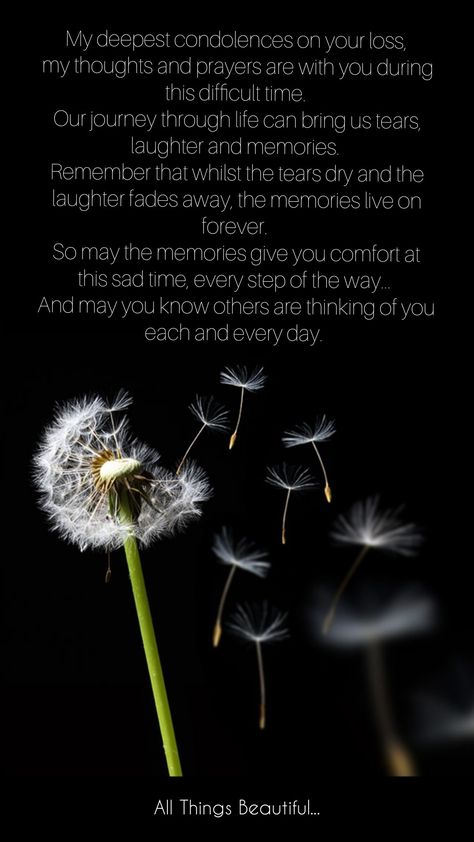 My deepest condolences on your loss,  my thoughts and prayers are with you during this difficult time.  Our journey through life can bring us tears, laughter and memories.  Remember that whilst the tears dry and the laughter fades away, the memories live on forever.  So may the memories give you comfort at this sad time, every step of the way...  And may you know others are thinking of you each and every day.                                 🌸 Remember Me With Smiles And Laughter, Apology Quotes For Him, My Deepest Condolences, Apology Quotes, Apologizing Quotes, Thoughts And Prayers, Interesting English Words, Daily Inspiration Quotes, Our Journey