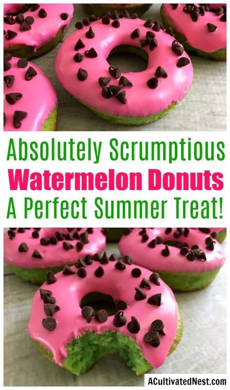 Watermelon Cake Donuts- These easy and delicious donuts have a fun watermelon look, making them perfect for summer! | dessert recipe, homemade donuts, summer desserts, summer party food ideas, #donuts #doughnuts #dessert #ACultivatedNest Watermelon Themed Desserts, Summer Birthday Party Food Ideas, Watermelon Dessert Ideas, Watermelon Party Food, Watermelon Sweets, Watermelon Birthday Party Theme, Watermelon Dessert, Melon Birthday, Donut Decorating Ideas