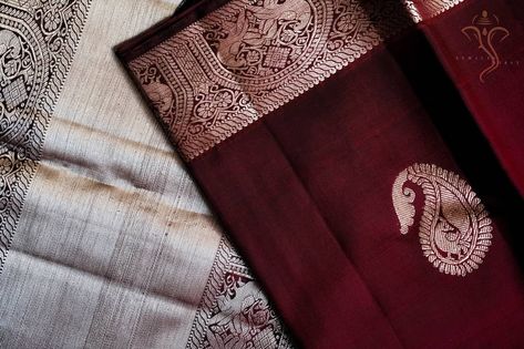 Handwoven Deep Maroon Kanjivaram Silk Sari with Silver Zari Deep Maroon Silk Saree, Maroon Saree, Jacquard Saree, Deep Maroon, Saree Blouse Designs Latest, Bride Jewelry, Gold Bride Jewelry, Stylish Sarees, Blouse Work