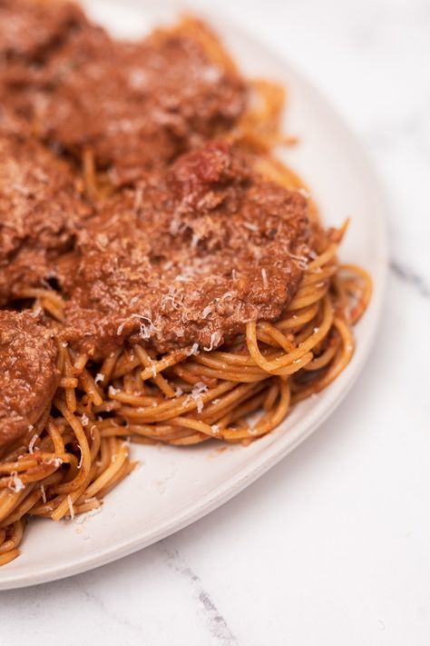 Walnut Bolognese (Vegan or Vegetarian) - Wright Family Table Walnut Bolognese, Wright Family, San Marzano Tomatoes, Bolognese Sauce, Family Table, Meat Sauce, Vegan Meals, Slow Cooked, How To Can Tomatoes