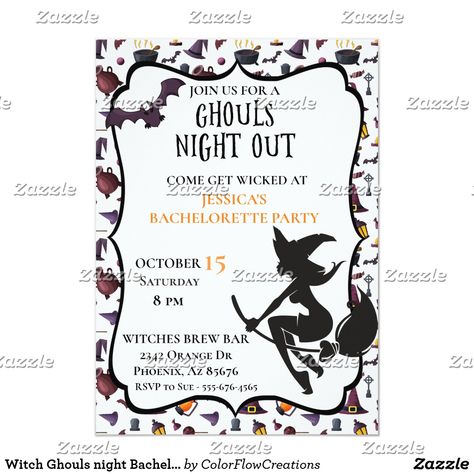 Witch Ghouls night Bachelorette Halloween October Invitation #halloweenbachelorette  #octoberbachelorette  #witchbacheloretteinvite Bachelorette Halloween, Bridal Shower Cocktails, October Night, Halloween Bridal Showers, Halloween Cocktail Party, Witches Halloween Party, Ghouls Night, Halloween Birthday Party Invitations, Halloween Wedding Invitations