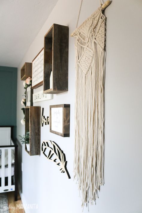 This boho inspired gallery wall for baby girl's nursery is so cute!! Everything is handmade and unique from Etsy! This macrame wall hanging is the perfect touch. #boho #gallerywall #nursery #bohonursery #walldecor #etsy Macrame Wall Collage, Gallery Wall With Macrame, Boho Wall Collage Ideas, Boho Photo Wall Ideas, Boho Gallery Wall Ideas, Boho Gallery Wall Living Room, Macrame Gallery Wall, Wall Hanging Arrangements, Nursery Gallery Wall