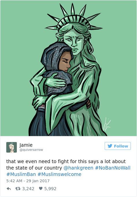 15+ Artists Around The World Respond To Trump's Refugee Ban Statue Of Liberty Drawing, Liberty Statue, The Statue Of Liberty, Intersectional Feminism, Wow Art, Landscape Poster, A Symbol, Faith In Humanity, Caricatures