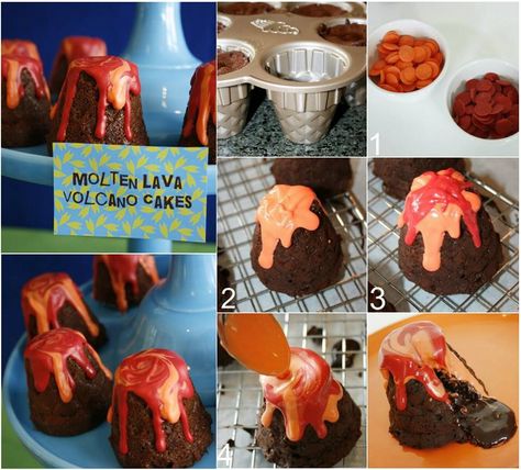 Vulcano And Dinosaur Cake, Volcano Cupcakes Dinosaur Party, Dino Dessert Table, Dinosaur Cake Table, Dinosaur Treats For Party, Volcano Dessert, Volcano Chocolate, Dinosaur Dessert Table, Volcano Cupcakes