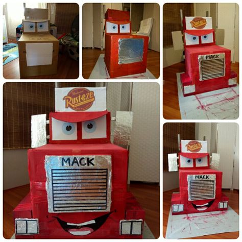 Cardboard Mack Truck, Mack From Cars Cardboard, Disney Cars Mack Truck Table Diy, Diy Mack Truck Cardboard, Disney Party Diy, Truck Birthday Party Ideas, Mcqueen Party, Cars (disney) Party, Cars Birthday Party