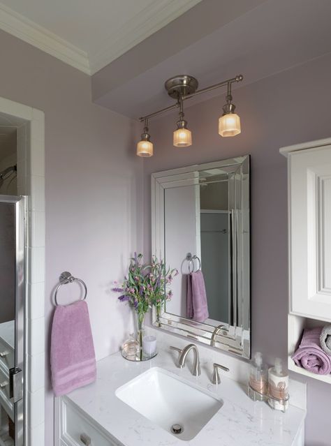 Lilac Bathroom Walls, Purple Restroom Ideas, Lavender Powder Room, Light Purple Bathroom Walls, Bathroom Color Schemes Purple, Behr Light Purple Paint Colors, Purple Paint Bathroom, Purple Grey Bathroom, Light Purple Gray Paint