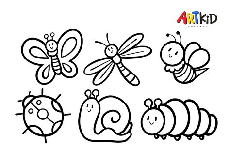 This picture belongs to one of our easy drawing and coloring videos on our YouTube channel. You will find the link to download the high quality outline picture in the description of the video. Insects Drawing Easy, Easy Spring Drawings For Kids, Easy Insect Drawings, Spring Animals Drawing, Easy Bug Drawing, Spring Drawings Easy, Spring Drawing Easy, How To Draw Bugs, Bug Doodles