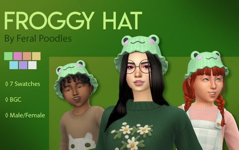 Froggy Hat - TS4 Maxis Match CC A cute little crocheted froggy bucket hat! A little different then usual, but I really enjoyed making it, so I hope you guys like it! Enjoy! :) 7 swatches BGC Hair... Crochet Sims 4 Cc, Maxis Max Sims 4 Cc, Sims 4 Hats Maxis Match, Cute Maxis Match Cc, Sims 4 Cc Hats Maxis Match, Sims 4 Bucket Hat, Sims Cc Hats, Sims 4 Maxis Match Kids Cc, Sims 4 Cc Bgc