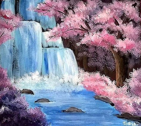 Cherry Blossom Tree Landscape Painting, Sakura Trees Painting, Sakura Tree Painting Acrylics, Cherry Blossom Landscape Drawing, Sakura Landscape Painting, Painting Ideas On Canvas Waterfall, Waterfall Sketch Pencil, Japan Cherry Blossom Drawing, Cherry Blossom Landscape Painting