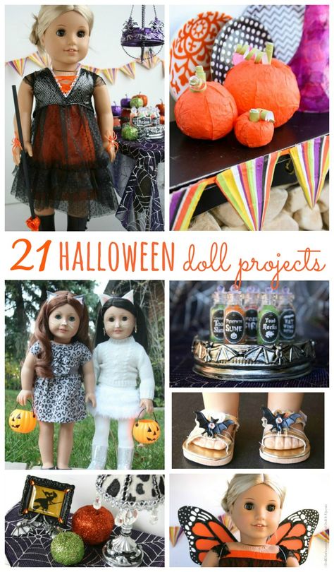 21 Halloween crafts and sewing projects for American Girl dolls. American Girl Halloween, Ag Doll Crafts, Girl Hacks, Elsa Beskow, American Girl Diy, American Girl Doll Diy, Doll Halloween Costume, American Girl Doll Furniture, American Girl Accessories