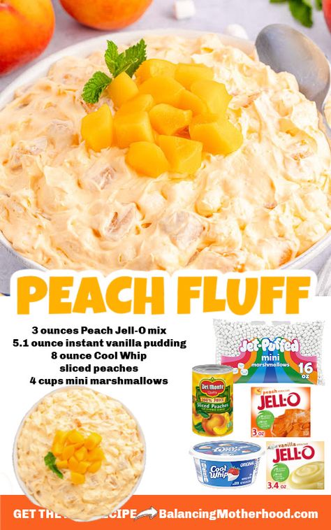 Peach Fluff Salad! Simple and... - Recipes for Busy Moms | Facebook Peach Fluff Dessert, Peach Jello Recipes, Peach Fluff Jello Salad, Easy Fluff Salad Recipes, Peach Fluff Salad, Peach Jello Dessert, Peach Fluff, Cabin Recipes, Fluff Salads