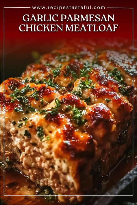 This Garlic Parmesan Chicken Meatloaf is a flavorful twist on the classic meatloaf. Made with ground chicken, mozzarella, and Parmesan, and topped with a cheesy, garlicky crust, it's a delicious and family-friendly meal that's sure to please everyone. Garlic Chicken Meatloaf, Parmesan Chicken Meatloaf, Garlic Parm Chicken Meatloaf, Garlic Parmesan Meatloaf, Garlic Parmesan Chicken Meatloaf, Ground Chicken Meatloaf Recipes, Ground Chicken Meals, Garlic Parmesan Meatballs, Chicken Meatloaf Recipes